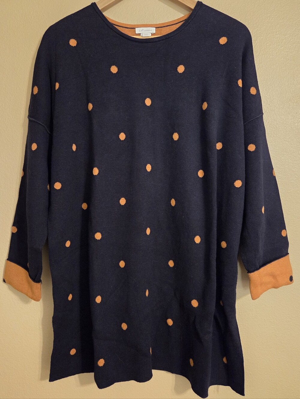 J.JILL Navy Blue Orangeβ Knit Polka-Dot Scoop Neck Reversible Tunic Sweater SZ L - Picture 2 of 12